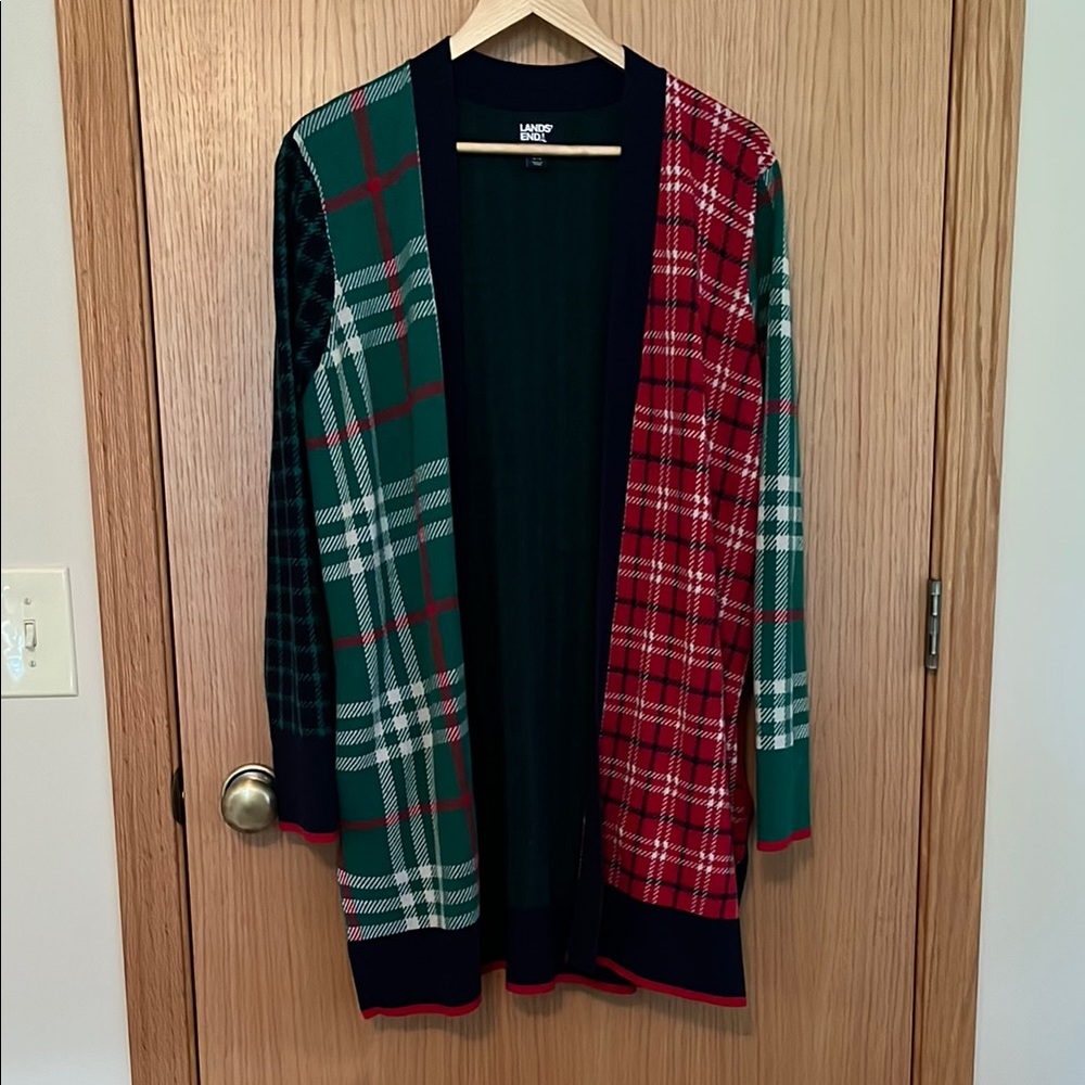 Lands' End Plaid / tartan 100% cotton Cardigan - Green, Red, and Black